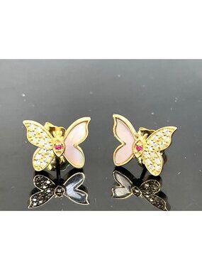 Sydney Evan Butterfly Stud Earrings 14k Yellow Gold Diamonds & Mother of Pearl
